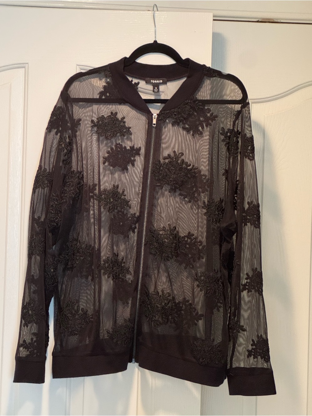Torrid Black Sheer Embroidered Zip-Front Bomber - Floral Appliqué